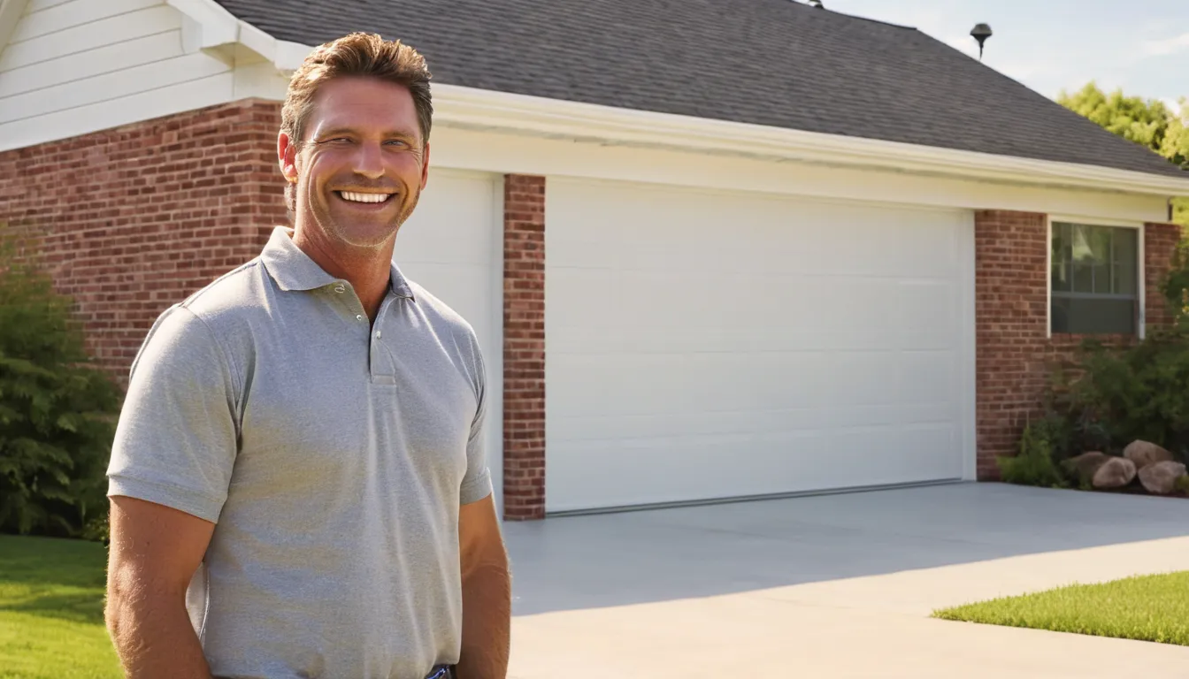 A local provider setting a new insulated garage door on a brick home in Arlington