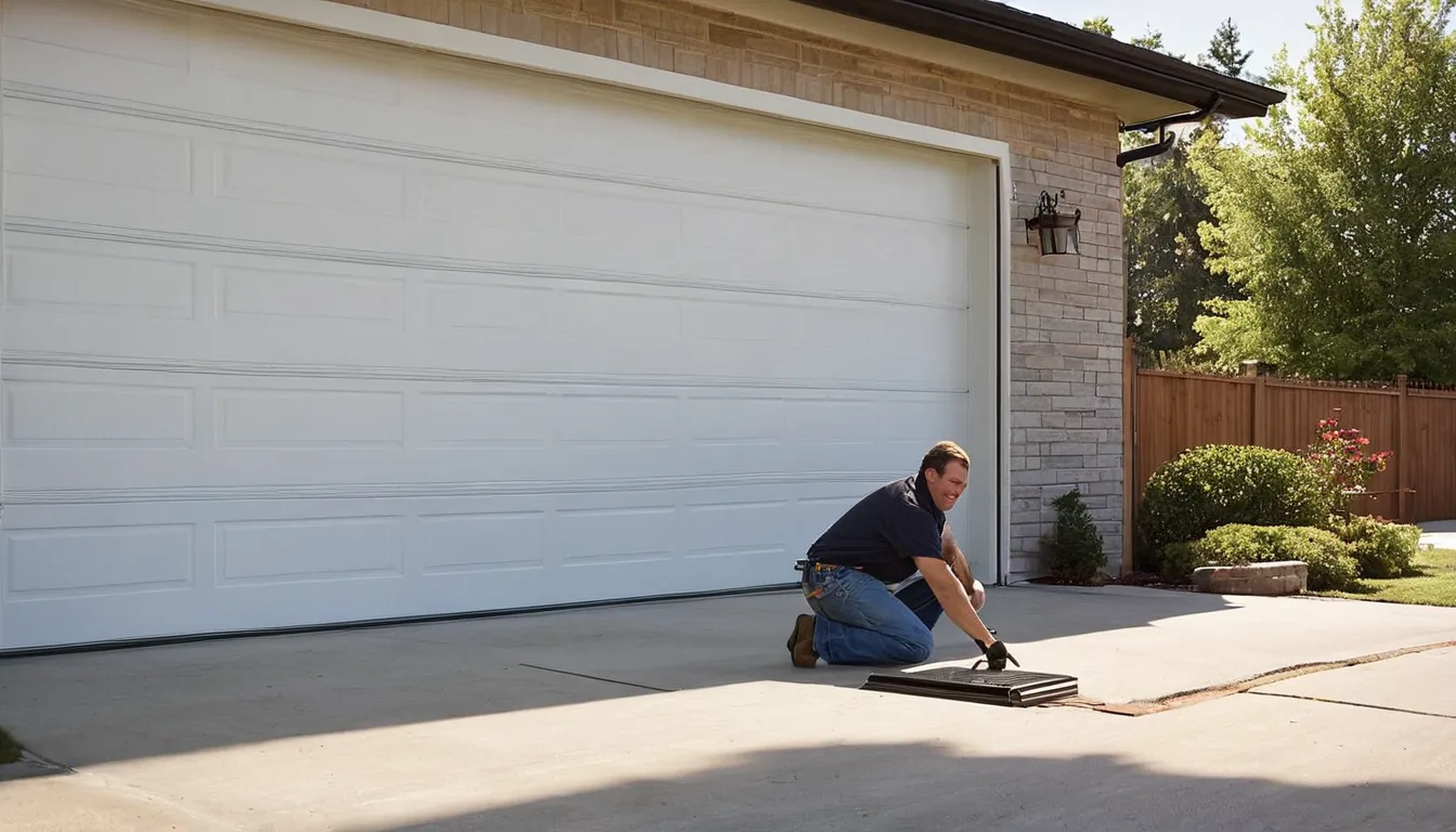 A local garage door provider checking the track on a home garage door in Arlington