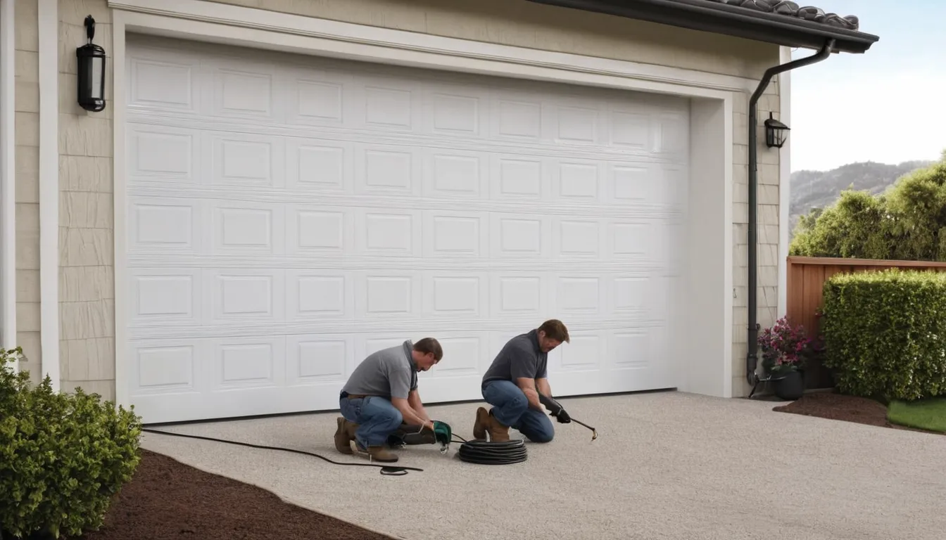Provider kneeling beside a garage door in Arlington, checking the torsion spring above the door